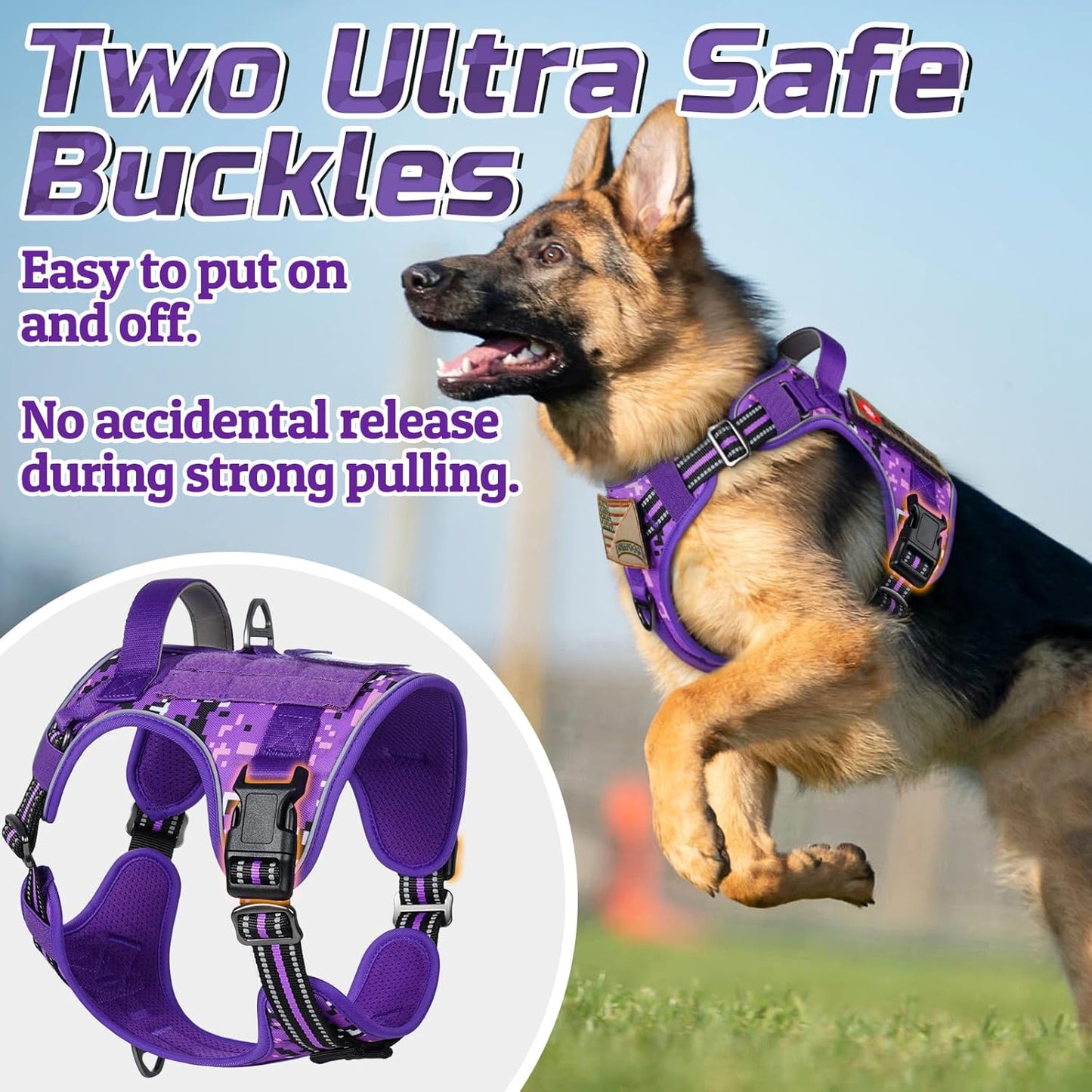 rabbitgoo Tactical Dog Harness for Small Dogs, No Pull Military Service Vest with Handle & Molle, Easy Control for Training Walking, Adjustable Reflective Straps, Purple Camo, S