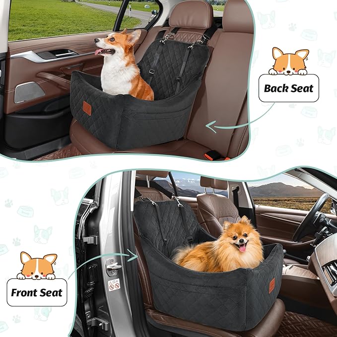 Dog Car Seat for Dogs Up to 35lbs,Fully Detachable and Washable,Memory Foam Covered Soft Fabric,Easy to Install with Adjustable Straps,Anti-Slip Bottom,Two Side Pockets(Black,Medium)