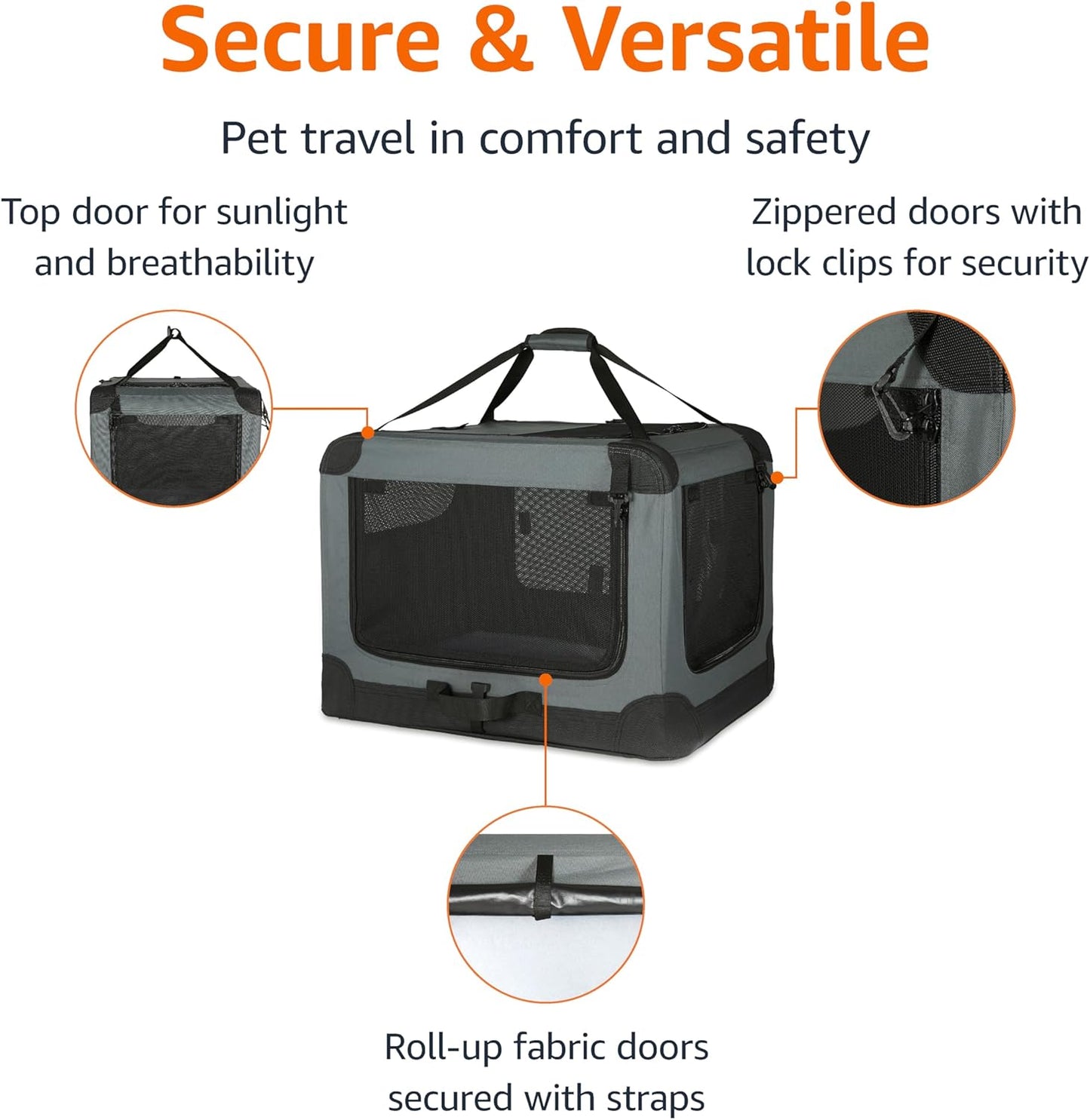 Amazon Basics 4-Doors Portable Soft-Sided Folding Travel Crate Kennel for cat, Dog, and Other Small Animals, Grey, L 36" x 24" x 24"
