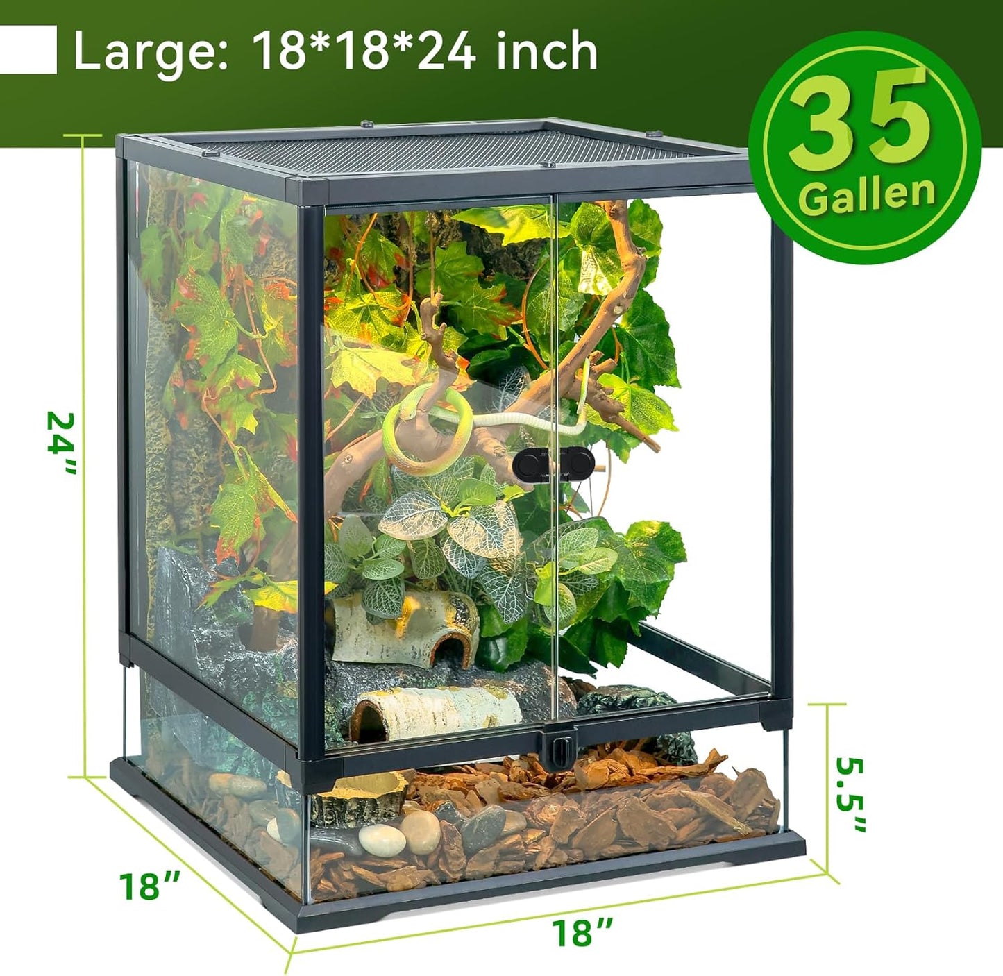 24x18x18'' 35 Gallon Glass Reptile Tank Front Opening Terrarium Suitable for Leopard Geckos, Snakes, Tree Frogs, Chameleons,Watertight Base, Ventilated Metal Mesh Top, Pre-Drilled Cable Holes