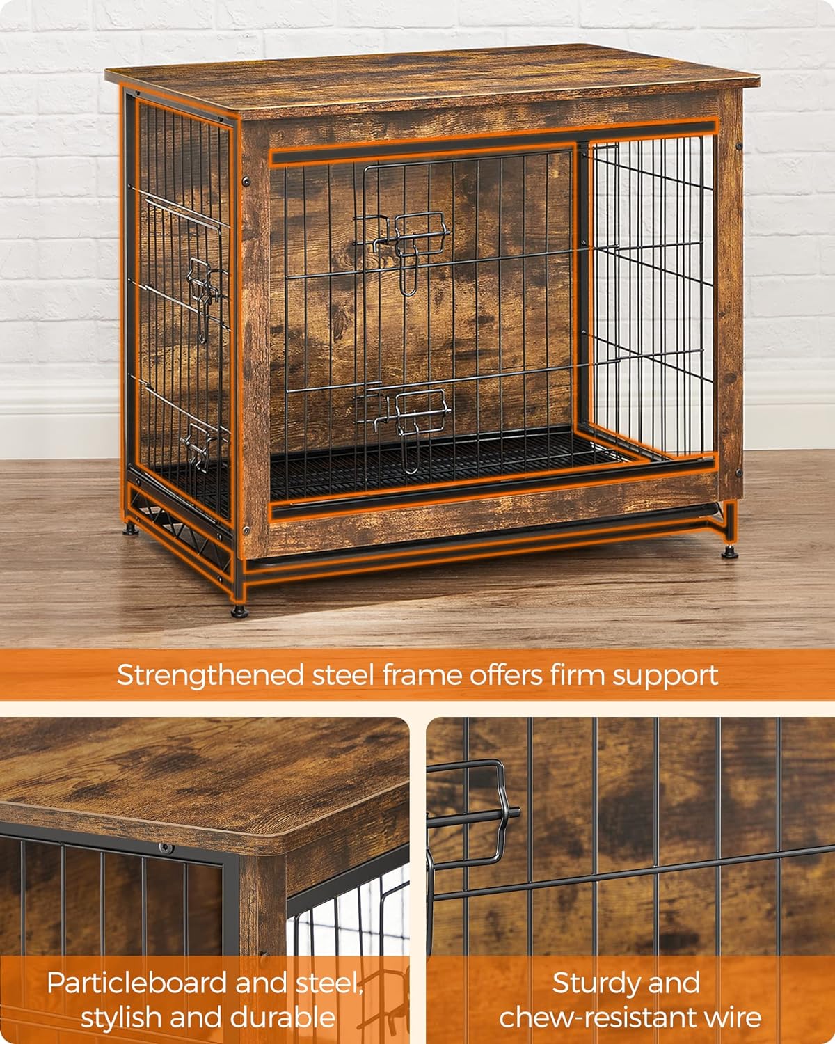 Feandrea Dog Crate Furniture, 27.2" Side End Table, Modern Kennel for Dogs Indoor up to 30 lb, Heavy-Duty Dog Cage with Multi-Purpose Removable Tray, Double-Door Dog House, Rustic Brown UPFC001X01