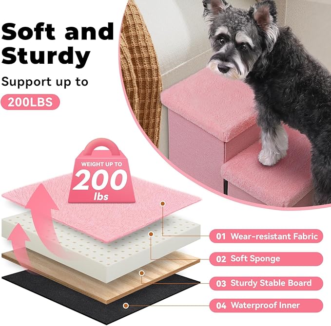 Dog Stairs with Furry Lids 18" H, 3-Step Wider Dog Steps with Storage for Small/Medium/Large Dogs Cats, Folding Sturdy Pet Stairs Climbing Bed or Sofa, Ramp for Car Hold Up to 200 lbs, Pink