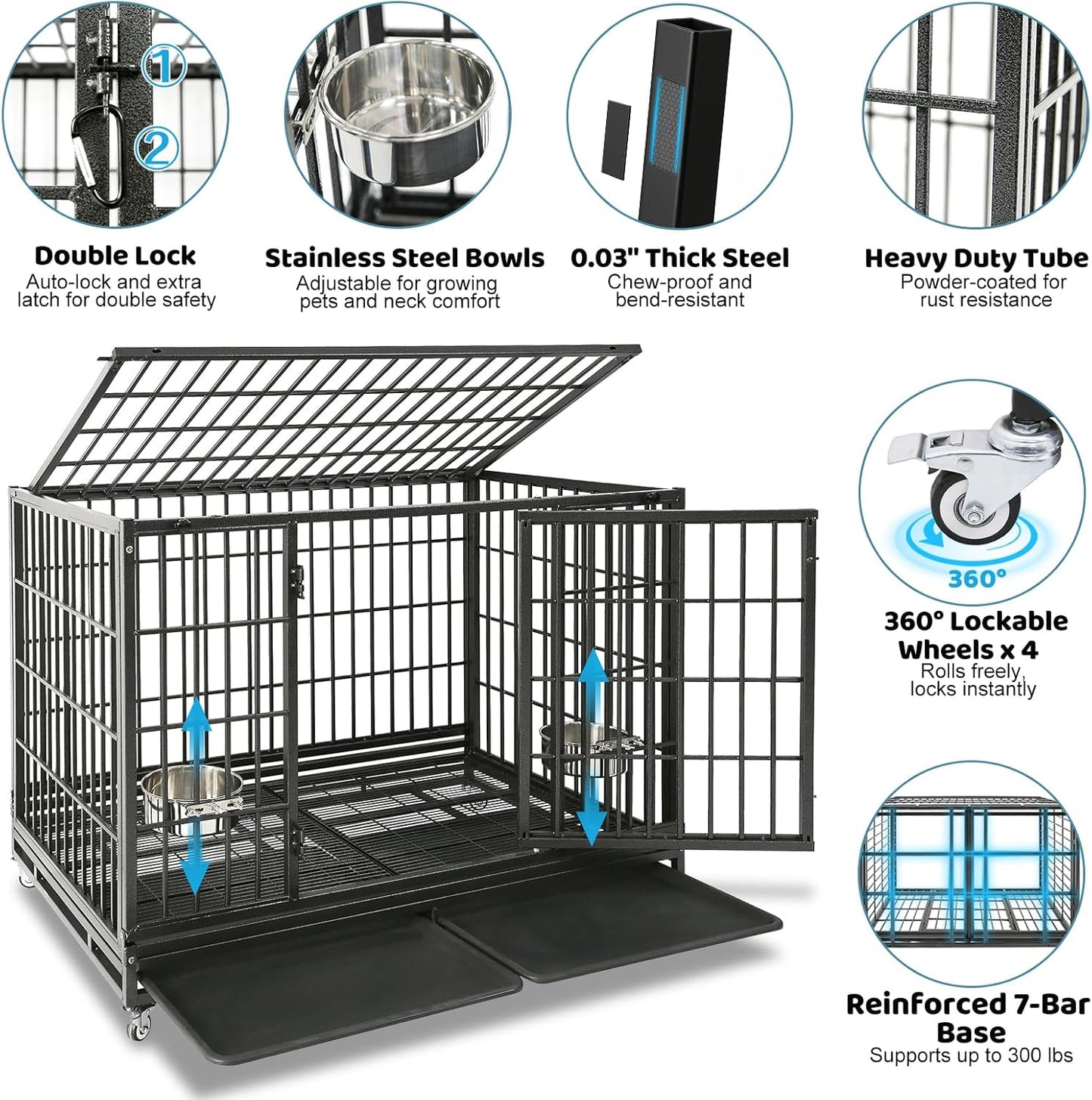 48 Inch Heavy Duty Large Dog Crate, Stackable Indestructible Big Cage for High Anxiety Dogs, Foldable Escape Proof XL Dog Kennel Indoor with Adjustable Bowls, Wheels and Double Trays(2 Pack)