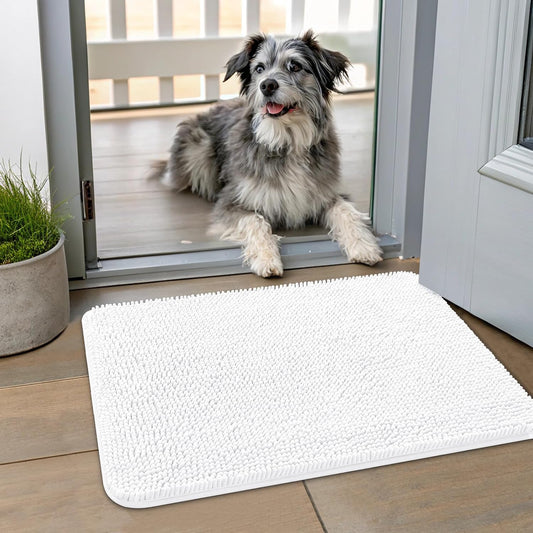 Smiry Dog Door Mat for Muddy Paws 24x16, Absorbs Moisture and Dirt Doormat, Non-Slip Washable Quick Dry Chenille Front Door Mat Indoor Entrance, Entryway Carpet for Inside Floor, White