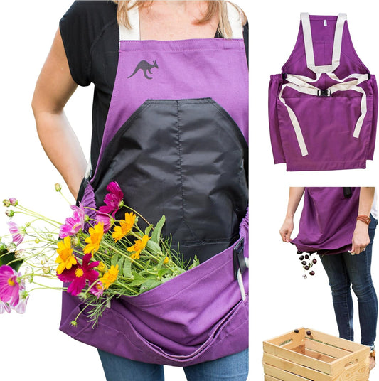 Roo Gardening Apron with Pockets & Harvesting, Picking Pouch - Adjustable, Water-resistant, Washable Canvas Cotton