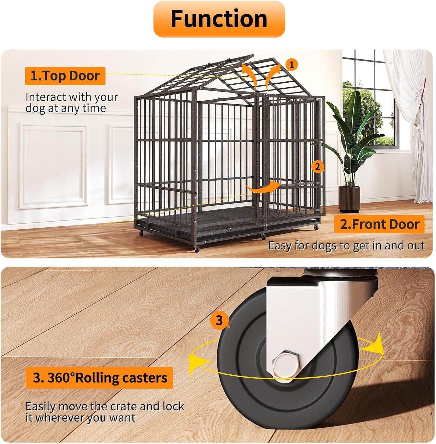 54 in Heavy Duty Indestructible Dog Crate Steel Escape Proof, High Anxiety Cage with Wheels, Removable Tray, Extra Large Dog Kennel XL XXL