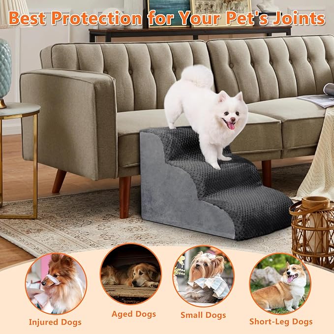 MIHIKK Dog Stairs Ramp, Curved 3-Step Dog Steps for Small Dogs and Cats, Pet Stairs for High Beds and Couch with Anti-Slip Washable Cover and Durable High Density Foam, Dark Grey