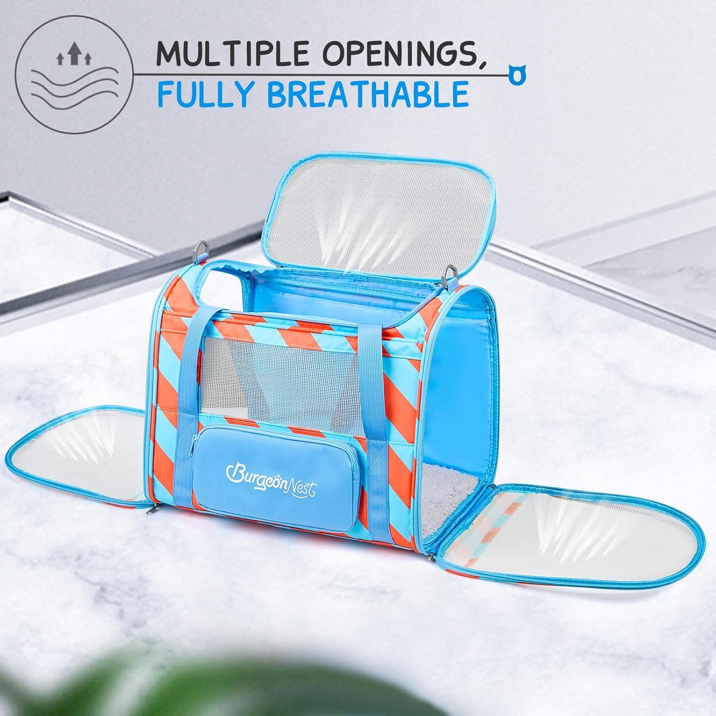 BurgeonNest Cat Carrier, Dog Cat Carriers for Large Medium Cats Under 20 lbs, Soft Sided Pet Carrier, Collapsible Travel Carry Puppy Kitten Cat Carrier with Big Side Bag (Medium, Blue-Orange)
