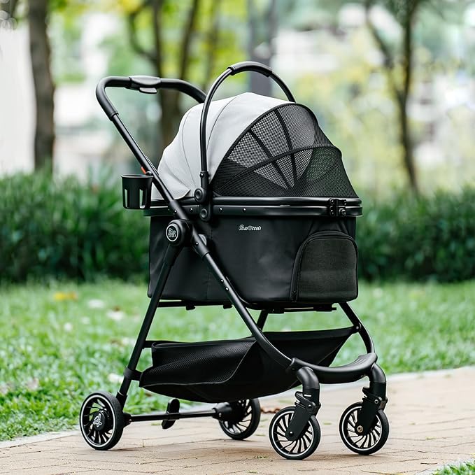 Pet Stroller for Small Dogs and Cats, One-Click Foldable Dog Stroller with Detachable Carrier & 3 Safety Tethers, Holds up to 33 lbs, Storage Basket & Cup Holder, Breathable Mesh, Black