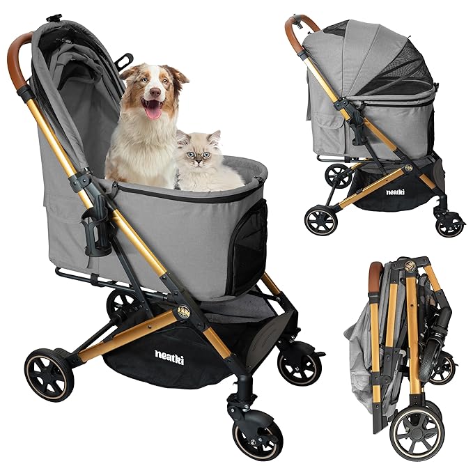 Foldable Pet Stroller for Dogs and Cats, 33 lbs Capacity, 360° Swivel Front Wheels, One-Click Fold, Brake System, Leash & Lock Clips, Removable Washable Padding, and Cup Holder (Gray, 33 lbs)