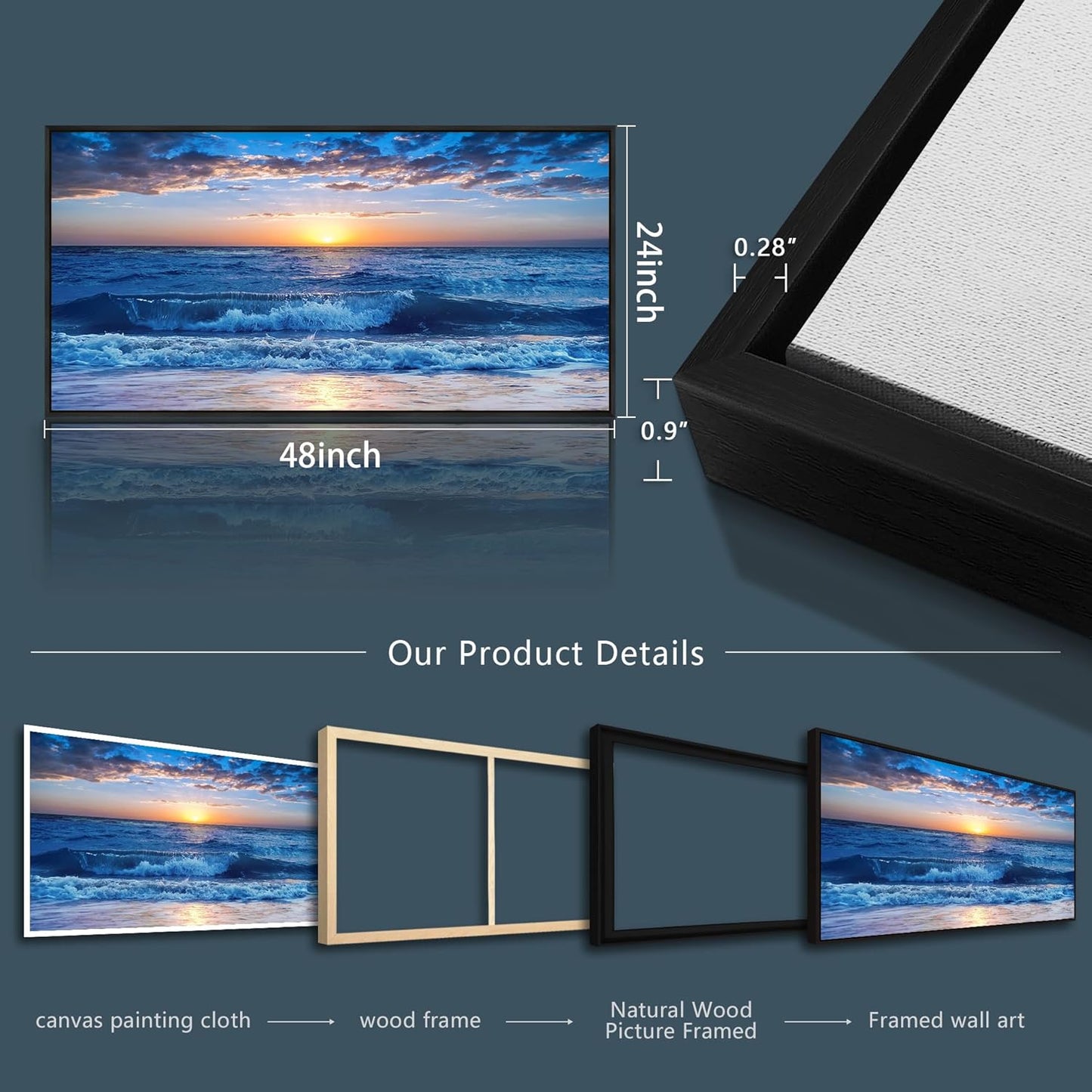 Wapluam Large Canvas Art - Blue Ocean Beach Scene, Sunny Sea View, Wave Wall Pictures, Black Framed Home Decor