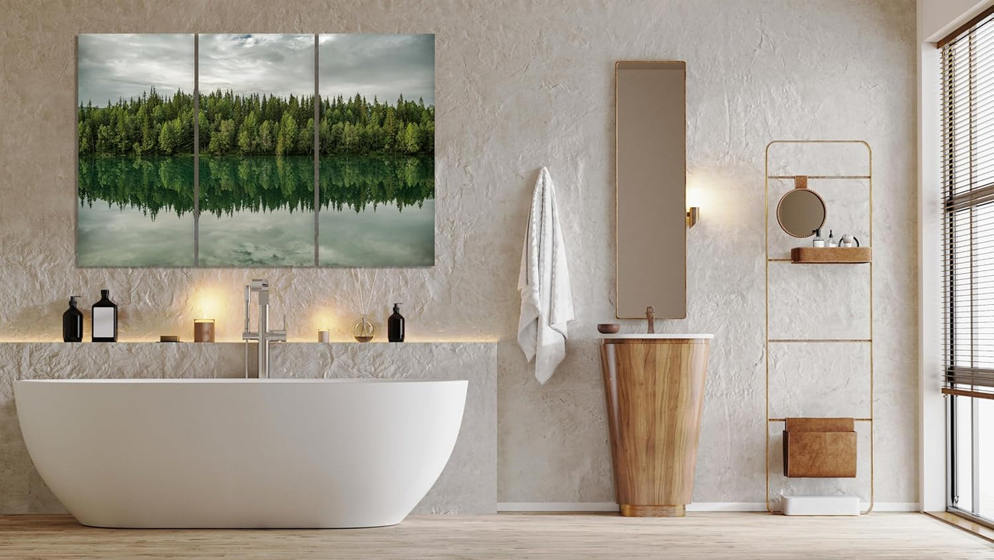 Nature Wall Art Prints - Ocean Forest Mountain Lake Canvas Landscapes - Small to Extra Large Living Room Bedroom Kitchen Bathroom Décor (Forest Reflection, 39L" x 59W" - 3 Panels)