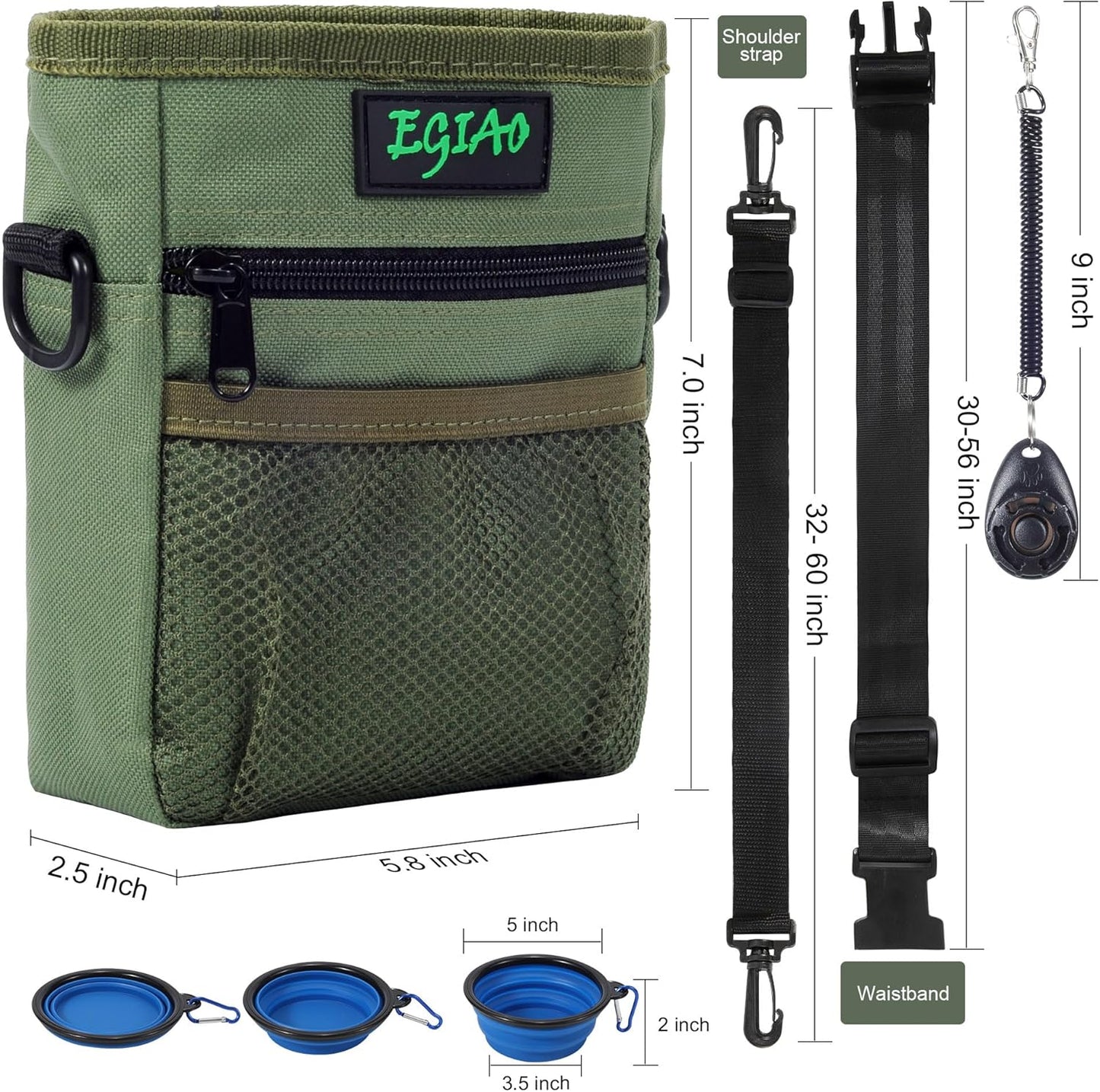 Dog Treat Pouch with Collapsible Dog Bowl, Training Clicker and Poop Bags, Treat Pouches for Pet Training, Magnetic Closure, Built-in Poop Bag Dispenser, Waist Belt Clip, Puppy Treat Bag - Green