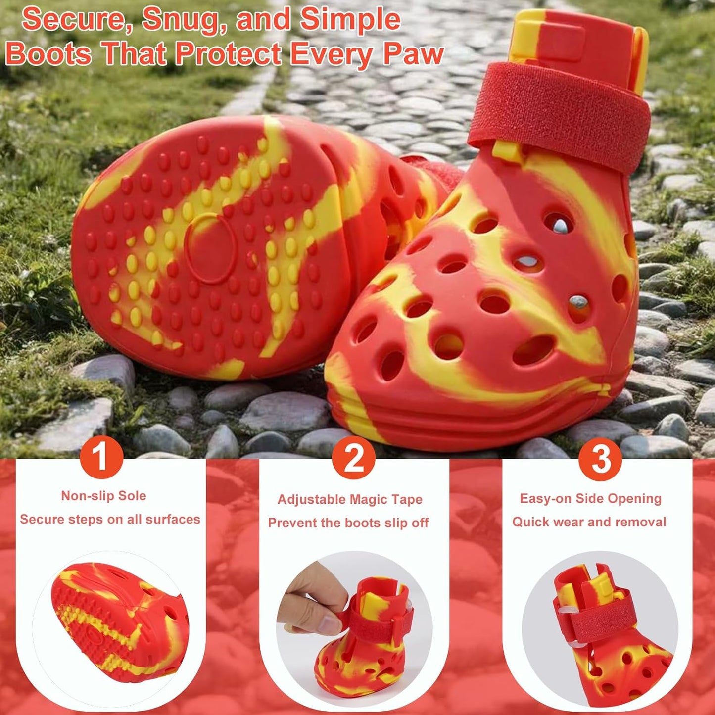Dog Shoes for Hot Pavement and Snow, Silicone Dog Booties for Small Medium Large Dogs, Waterproof Paw Protectors- Non-Slip, Adjustable Straps, Dog Boots for Beach/Rain/Hiking (Yellow Red, M)