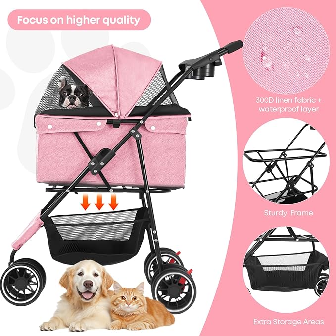 Pet Stroller,Dog Stroller for Small Medium Dogs Cats,3 Wheels,Foldable,with Breathable Mesh Canopy,Cup Holders,Easy Assembly,Pink