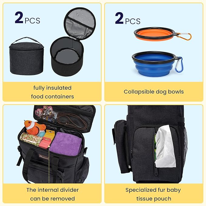 Modoker Dog Travel Bag with 2 Collapsible Dog Bowls, 1 Dog Backpack, Airline Approved Pet Travel BagOrganizer for Supplies & Accessories, 2 Travel Dog Food Container, Black