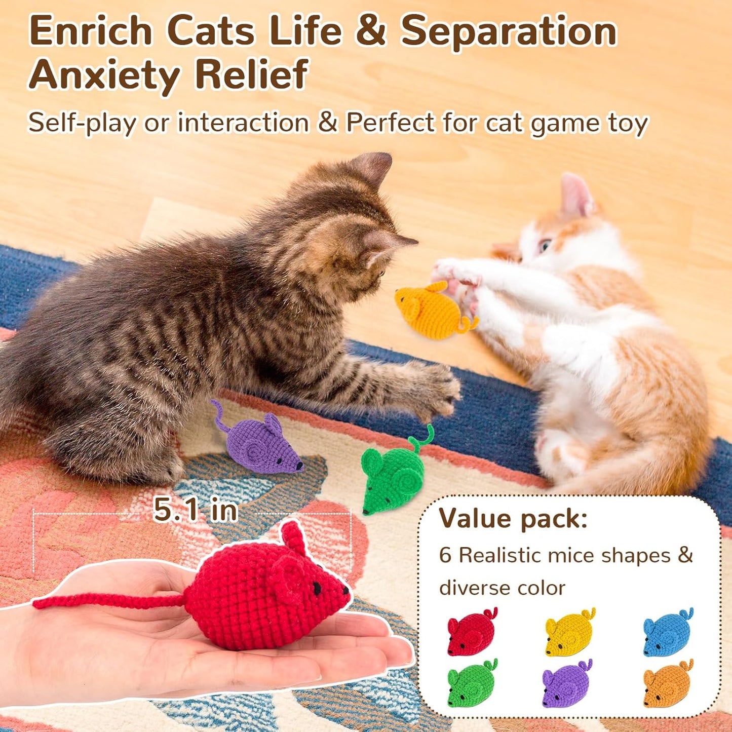 Retro Shaw Catnip Toys Crochet Mouse, 6 Pcs Yarn Cat Nip Mice Safe Teeth Cleaning Chew Toy for Indoor Kittens Kitty, Interactive Catnip Cat Kicker Toys