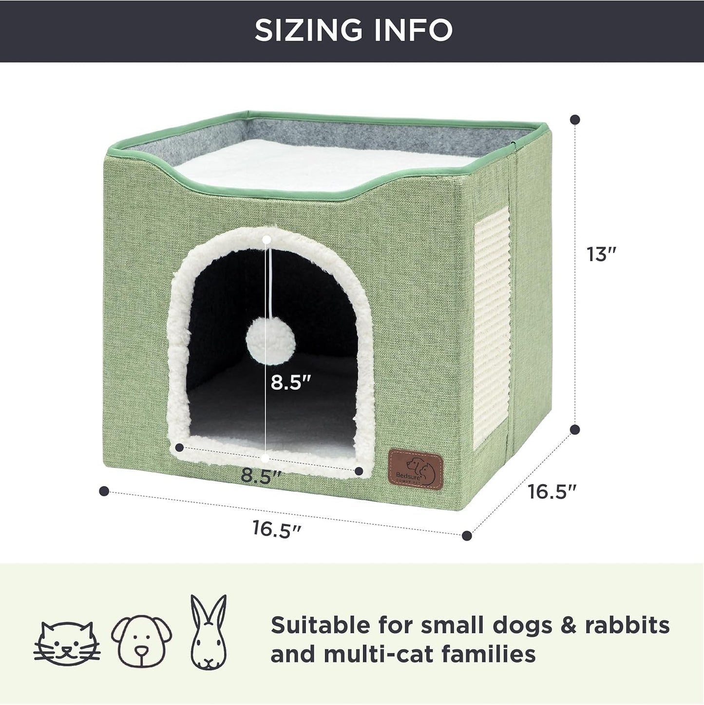 Bedsure Cat Beds for Indoor Cats - Large Cat Cave for Pet Cat House with Fluffy Ball Hanging and Scratch Pad, Foldable Cat Hideaway, 16.5x16.5x13 inches, Green