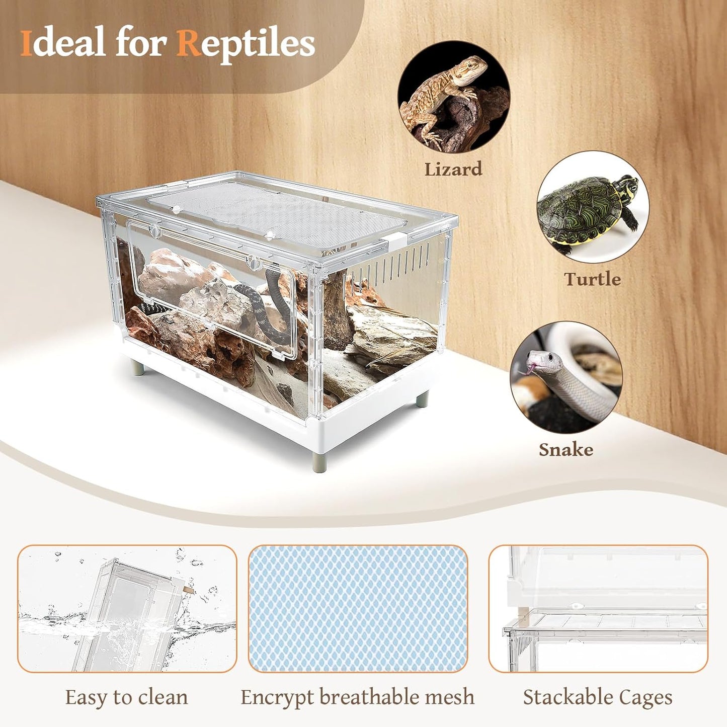 Large Clear Foldable Reptile Habitat Cage - Easy Assembly, Front Opening, Escape Proof Lock, for Hamster, Lizard, Hedgehog, Small Animals (27.5" L x 17" W x 15.5" H)
