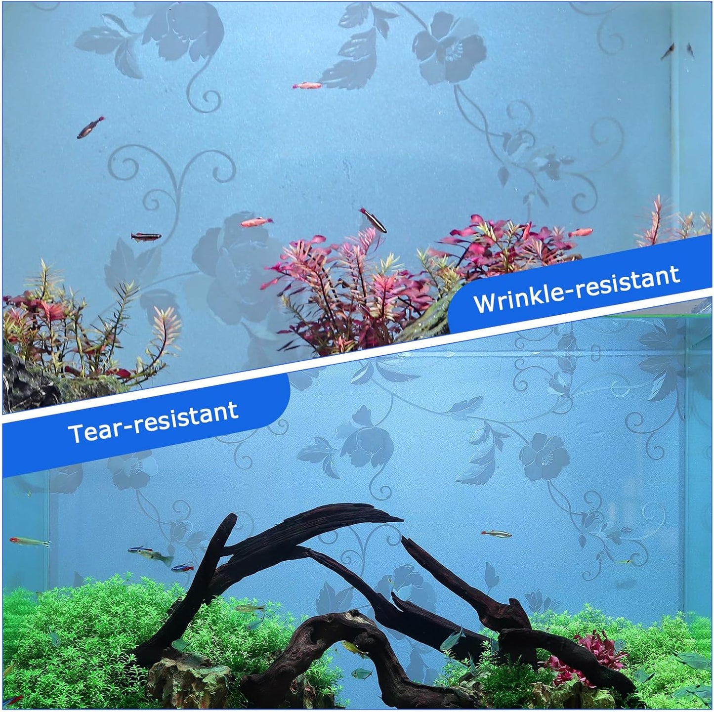 Aquarium Background Paper, Blue Fish Tank Backdrop Wallpaper Electrostatic Adhesive, No Glue, Easy to Install, Reusable (13.7" H × 43.3" L, Translucent)