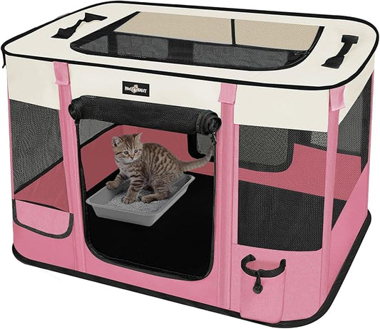 Foldable Pet Kitten Playpen, Upgrade Waterproof Portable Cat Dog Playpen Kennel Tent for Dog Cat, Removable Shade Cover with Free Carrying Case, Indoor Outdoor Use for Small Pet, Pink