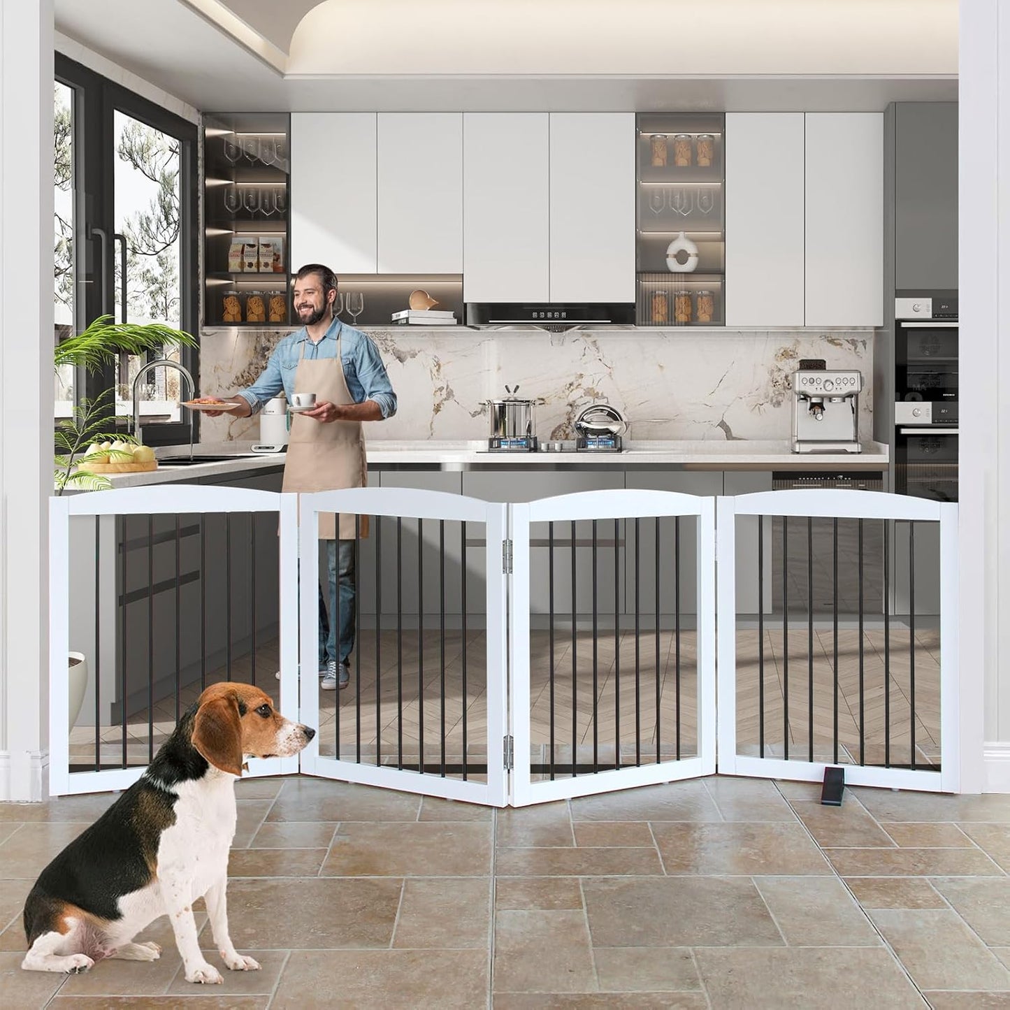 Freestanding Panel Dog Gate for Indoor, Doorways, Stairs, or Hallways - Foldable Wooden Pet Fence With Support Feet - 24" Height, 4 Panels, White