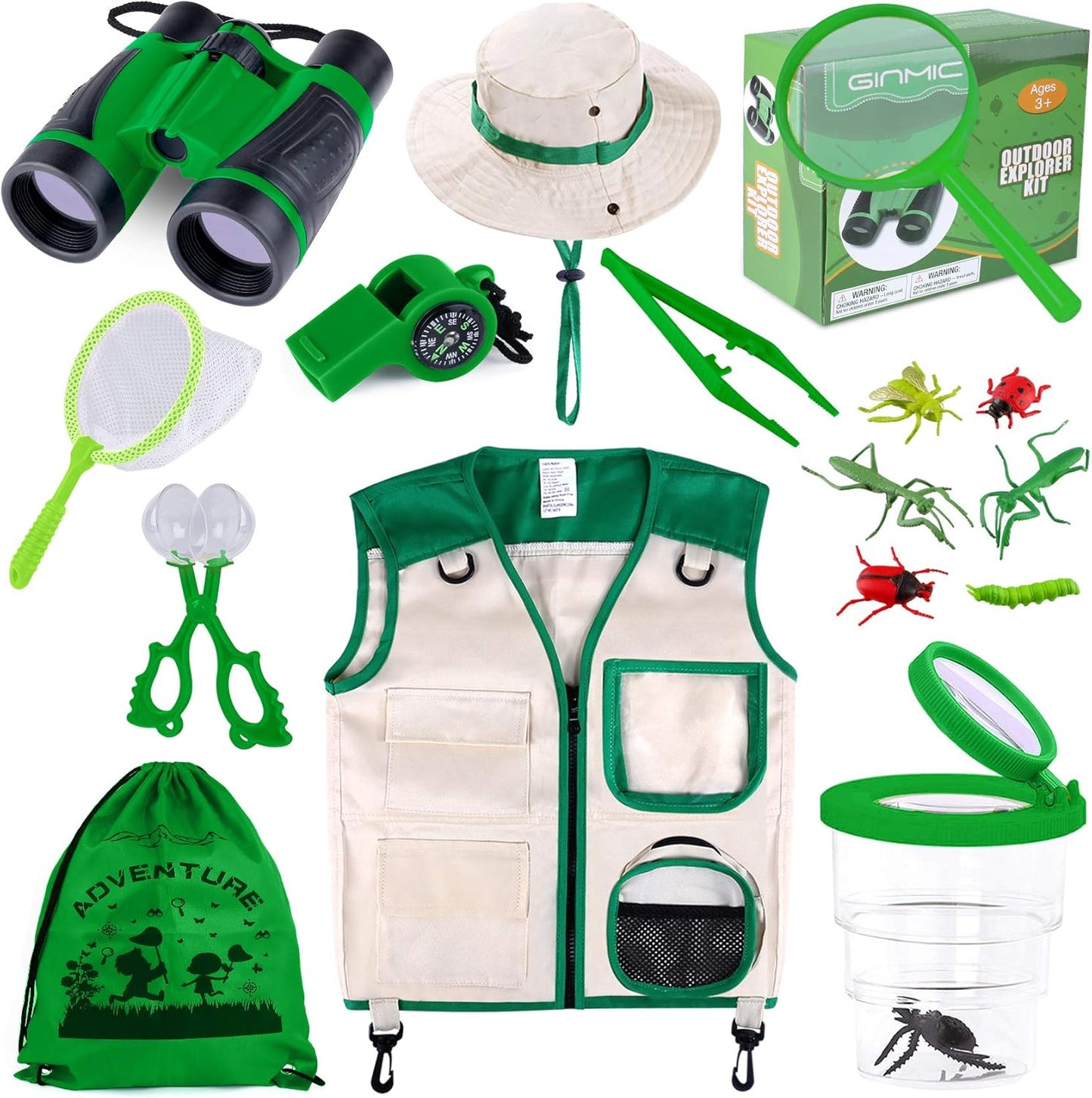 GINMIC Kids Explorer Kit & Bug Catching Kit, 16 Pcs Outdoor Exploration Safari Kit for Kids Camping with Binoculars, Adventure, Hunting, Hiking, Educational Toy Gift for 3-12 Years Old Boys Girls