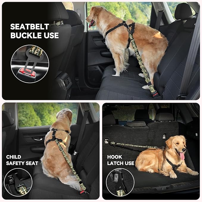Pawaboo Dog Seatbelt for Car, 3-in-1 Dog Seat Belt Bungee, Shockproof Dogs Tether with Buckle&Hook Latch, Adjustable Reflective Dogs Cars Harness Leash with 360° Lockable Buckle, Army Green Camouflage