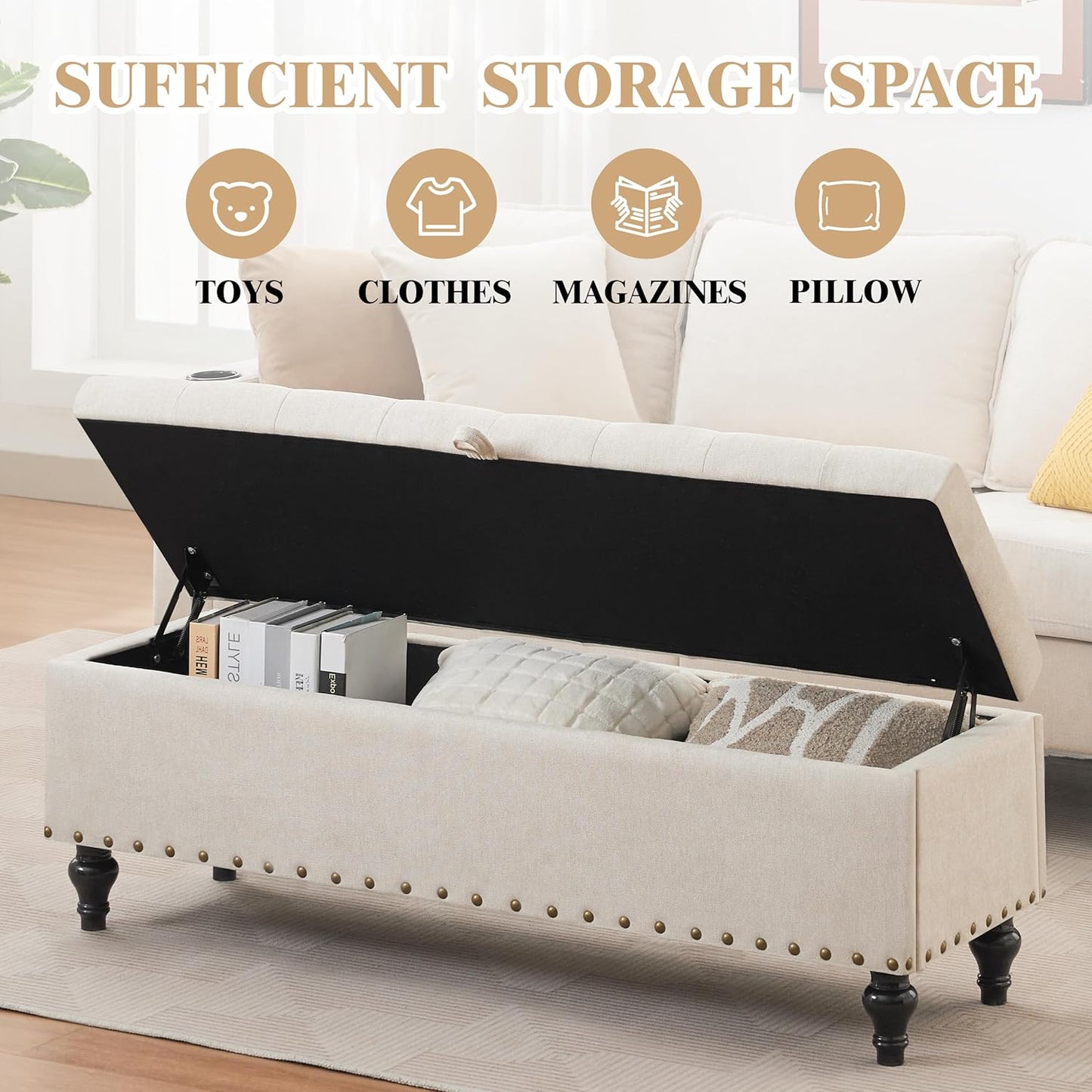 Mangodan51” Linen End of Bed Storage Bench, Tufetd Upholstered Storage Ottoman Bench with Safety Hinge, 330 lb Large Ottoman with Storages for Living Room, Entryway & Bedroom, Window Benches, Beige