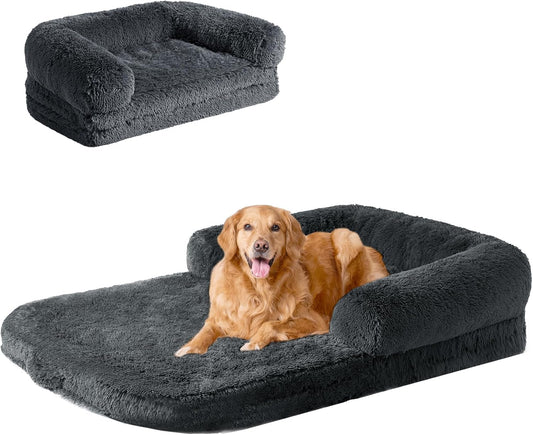 EHEYCIGA Human Dog Bed for Kids, Foldable XXL Dog Bed, Faux Fur Fluffy Pet Couch Bed, Orthopedic Calming Memory Foam Big Pet Bed, Washable Pet Sofa Bed with Non-Slip Bottom, Dark Grey, 54"x38"x7.5"