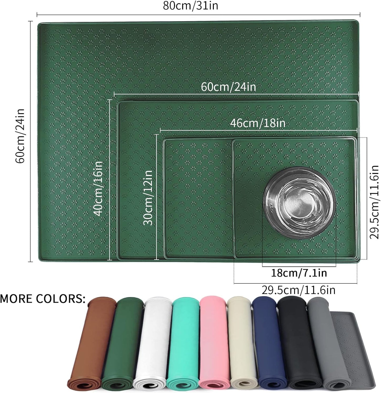 Ptlom Pet Placemat for Dog and Cat, Waterproof Silicone Pet Feeding Bowl Mats for Food and Water, Small Medium Large Dogs Mat Prevent Residues from Spilling to Floor, Hunter Green, 31.5" 23.6"