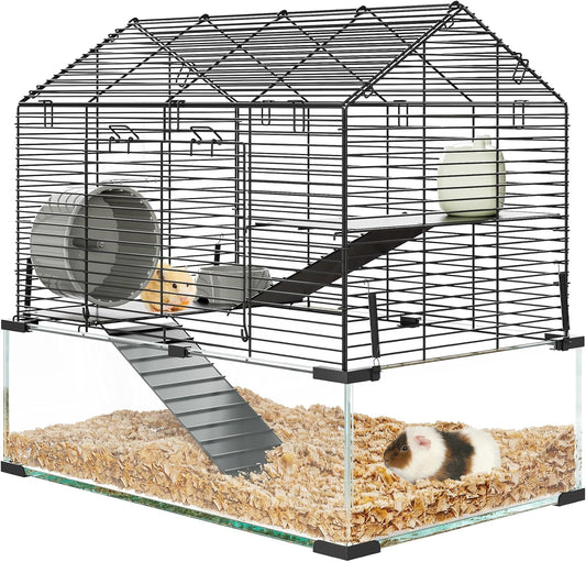 Large Hamster Cage with 7" Deep Tempered Glass Bottom, 3 Tiers Big Hamster Tank with Running Wheel, Hut, Water Bottle, Dish, Rat Cages for Syrian, Dwarf, Gerbils, Mouse, 22.83" x 15" x 21.25"