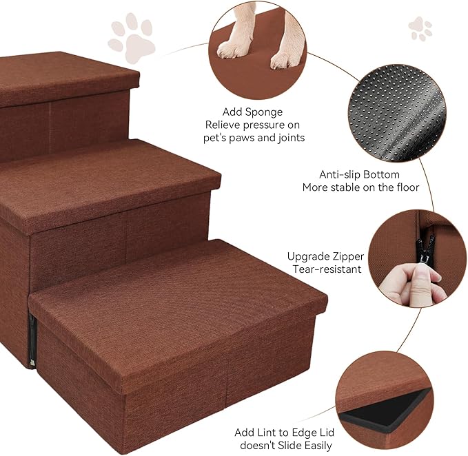 Dog Stairs with Condo 18" H, 3-Step Wider Dog Steps for High Beds Couch, Folding Storage Pet Stairs Gift for Small/Medium/Large Old Dogs Cats, Ramp for Climbing Car Up to 200 lbs, Brown