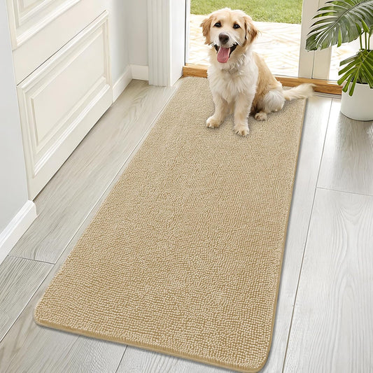OLANLY Dog Door Mat for Muddy Paws 70x32, Absorbs Moisture and Dirt, Absorbent Non-Slip Washable Doormat, Quick Dry Chenille Mud Mat for Dogs, Entry Indoor Entryway Carpet for Inside Floor, Beige