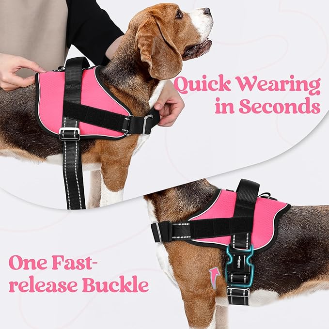 rabbitgoo Dog Harness for Large, Easy On Pet Vest with One Buckle, No Pull Adjustable Service Harness with D-Ring & Handle, Reflective for Safety Walking, Training, Pink, XL
