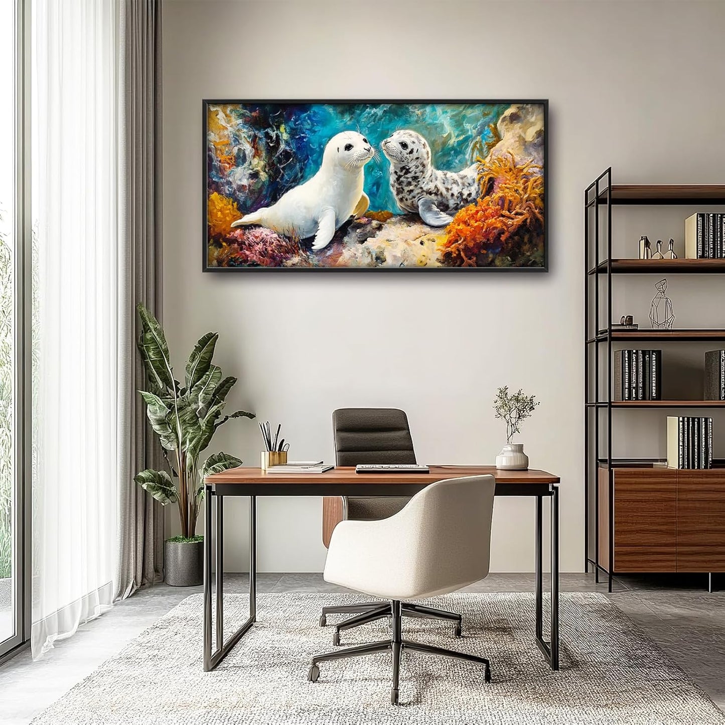 Extra Large Seal Framed Wall Art for Living Room,Oversized Underwater Animal Pictures Wall Decor,Ocean Coral Reef Canvas Print Painting Modern Artwork Bedroom Office Bathroom 60L" x 30W"