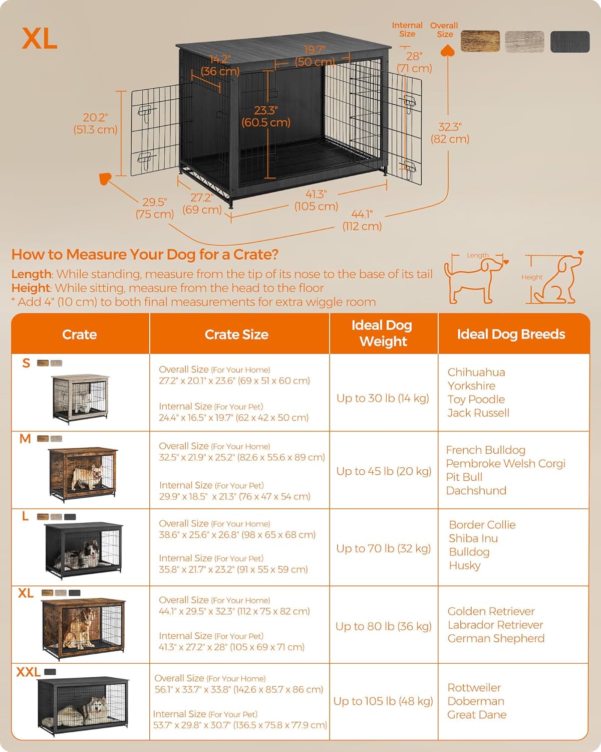 Feandrea Dog Crate Furniture, 44.1" Side End Table, Modern Kennel for Dogs Indoor up to 80 lb, Heavy-Duty Dog Cage with Multi-Purpose Removable Tray, Double-Door Dog House, Ink Black UPFC004B01