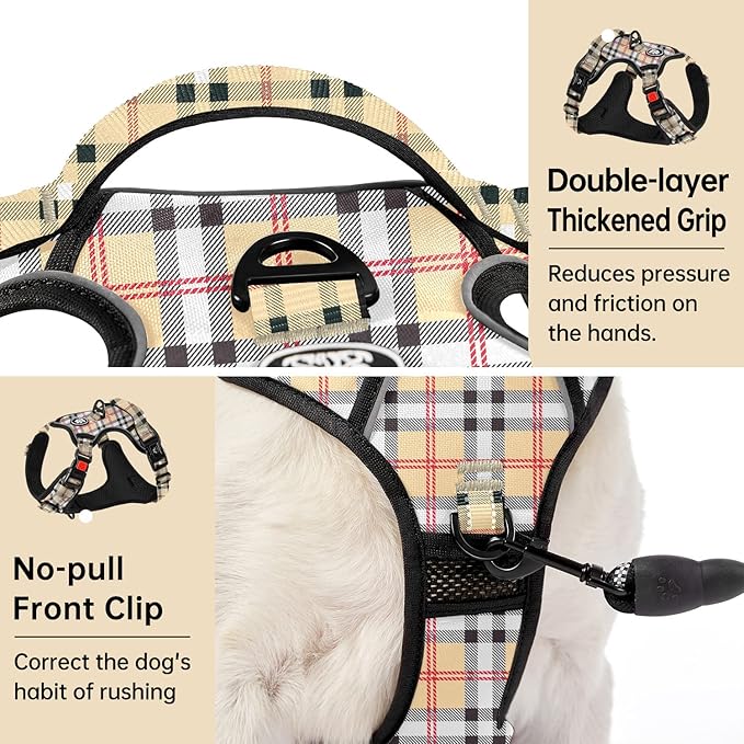 IVY&LANE No Pull Dog Harness with Leash Set, Reflective No Choke Pet Vest,Adjustable Oxford Dog Vest Harness with Easy Control Handle for Medium Lagre Dogs (Checkered Beige,M)