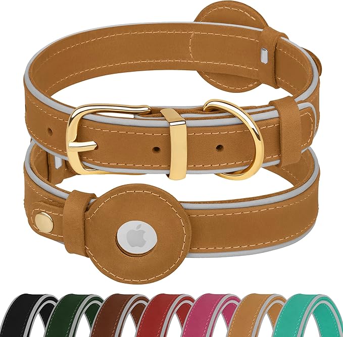 OOPSDOGGY Reflective Geniune Leather Airtag Dog Collar Soft Padded Collars for Small Medium Large Breed Dogs Puppy, 4 Sizes, 7 Colors (Camel, XLarge, 19"-24")
