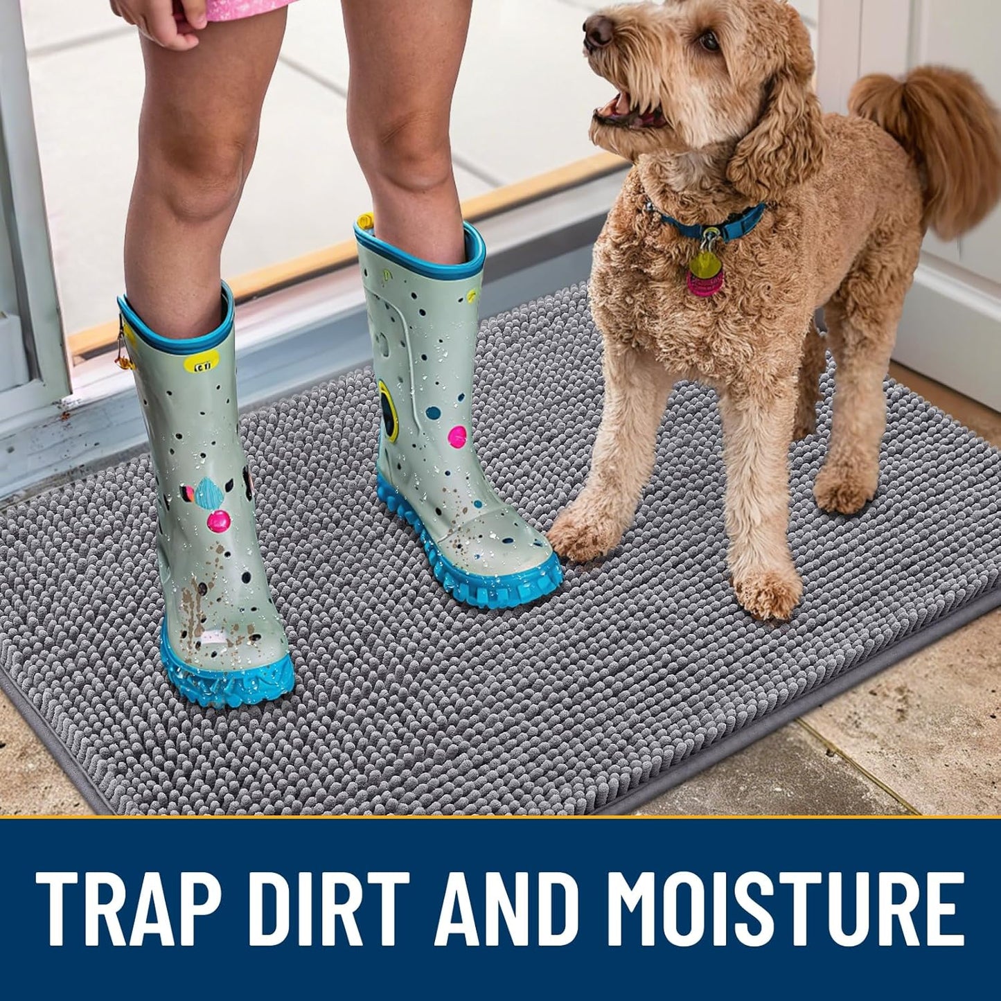 Smiry Dog Door Mat for Muddy Paws 36x24, Absorbs Moisture and Dirt Doormat, Non-Slip Washable Quick Dry Chenille Front Door Mat Indoor Entrance, Entryway Carpet for Inside Floor, Grey