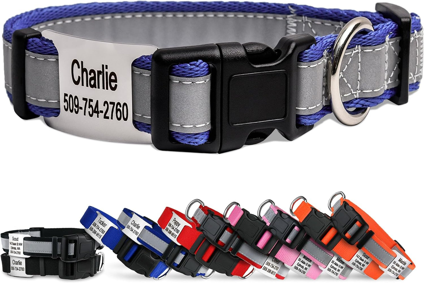 GoTags Reflective Personalized Dog Collar with Nameplate, Adjustable Dog Collar with Custom Engraved Steel Slide On Pet ID Tag, Silent, No Noise Dog Tag for Large Medium or Small (Lavender, Medium)