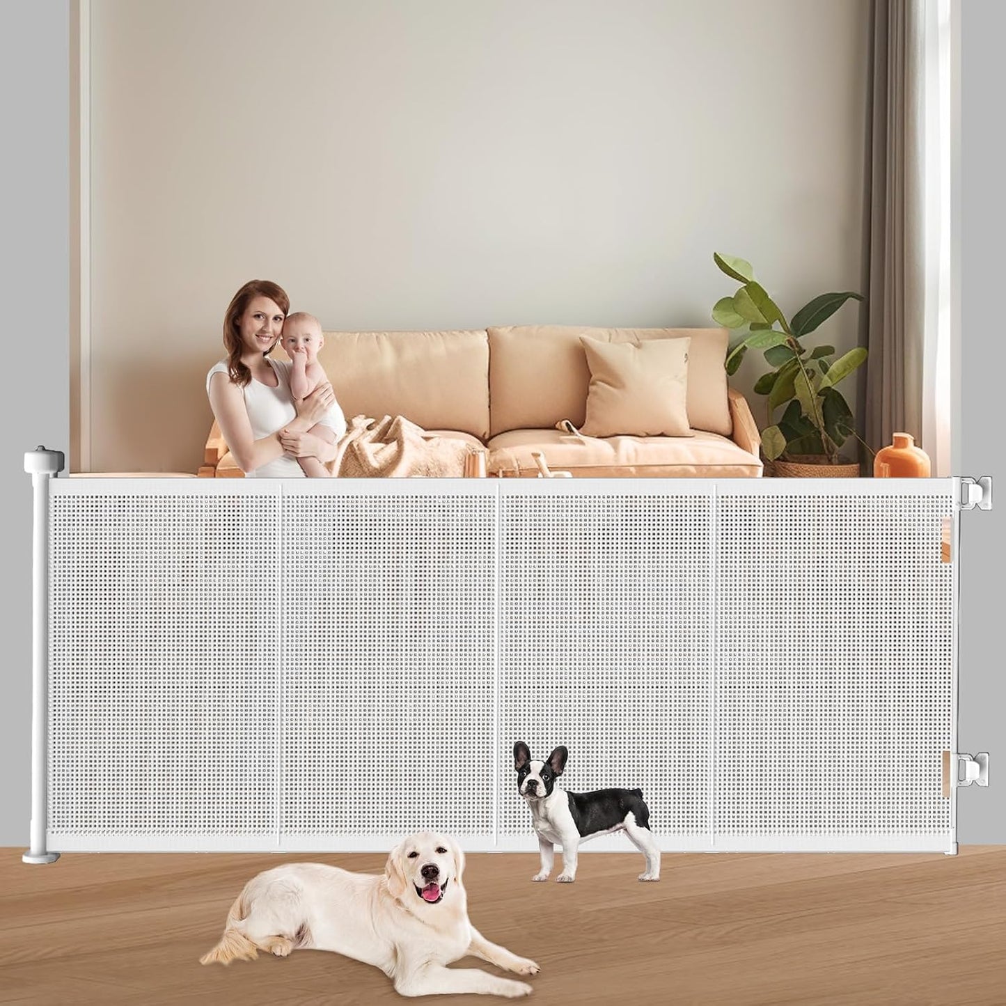 Pawtners Retractable Baby Gates Extra Wide, 41" Tall Extends up to 71" Wide, Dog Gate Indoor with for Stairs, Pet Gate with Support Rods for Doorways Hallways Indoor & Outdoor-White