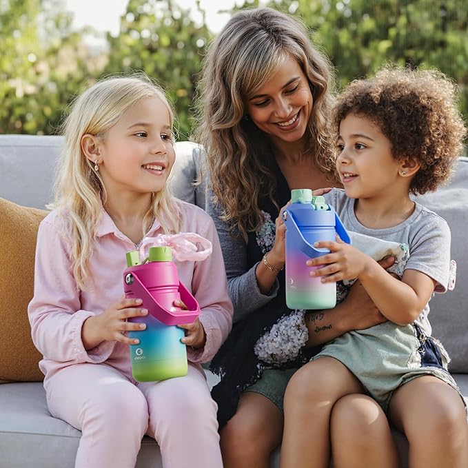 Kids Insualated Water Bottle with Straw - 12oz Stainless Steel Water Bottle with Dual Spouts, Leak-Proof, BPA-Free, Double Wall Vacuum Keeps Cold for 24 Hours for Sports, Travel, School (Azure Blue)