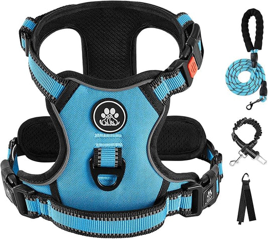 IVY&LANE No Pull Dog Harness for Large Dogs, Dog Vest Harness with Leash, Safety Belt and Storage Strap, Fully Adjustable Harness, 360° Reflective Strip, Soft Handle (Blue,XL)