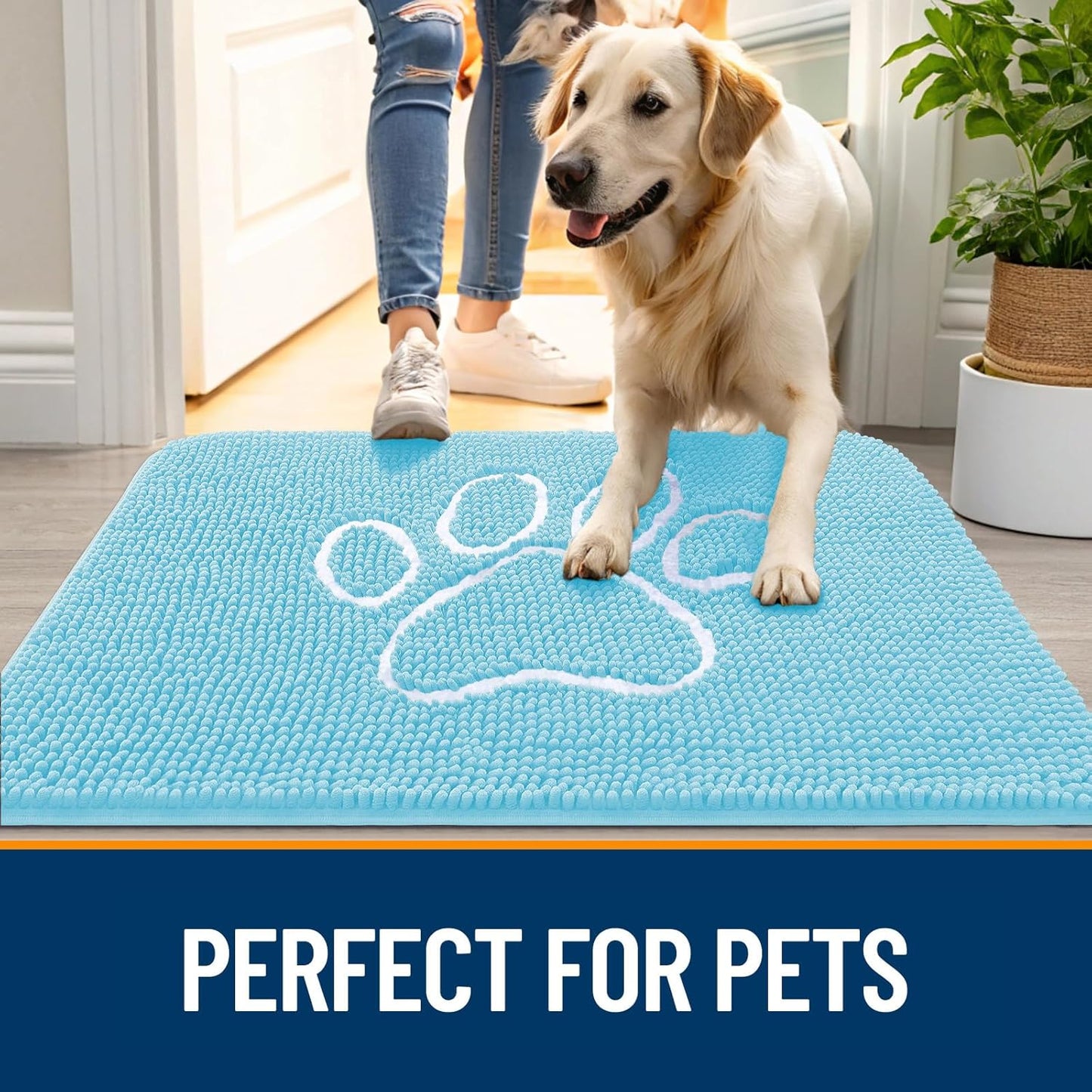 OLANLY Door Mat for Muddy Dog Paws 48x30, Ultra Absorbent Chenille Mud Doormat with Paw Print Design, Non-Slip Washable Doormat for Indoor Entryway, Quick-Dry Pet Bed Mats for Dirty Dogs, Blue