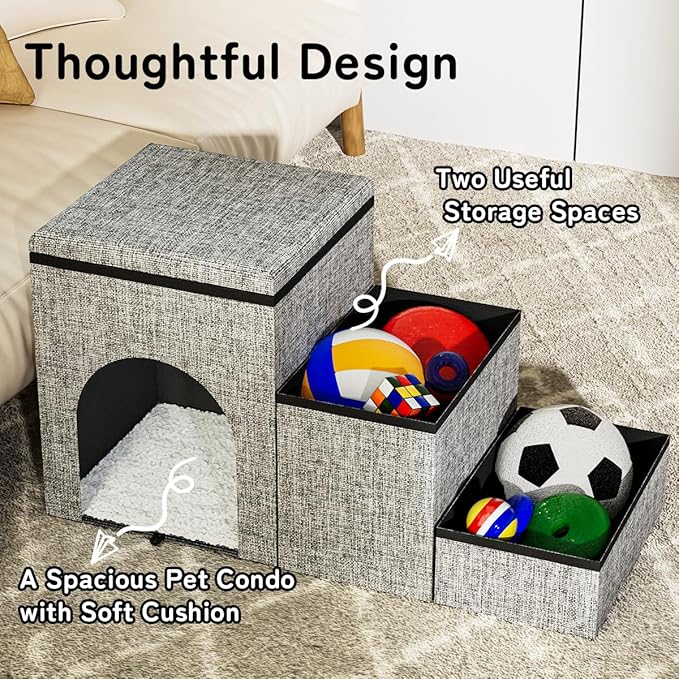 Dog Stairs with Storage, 3-Step Wider Dog Steps with Condo for Dogs and Cats, Pet Stairs for High Bed Climbing, Grey