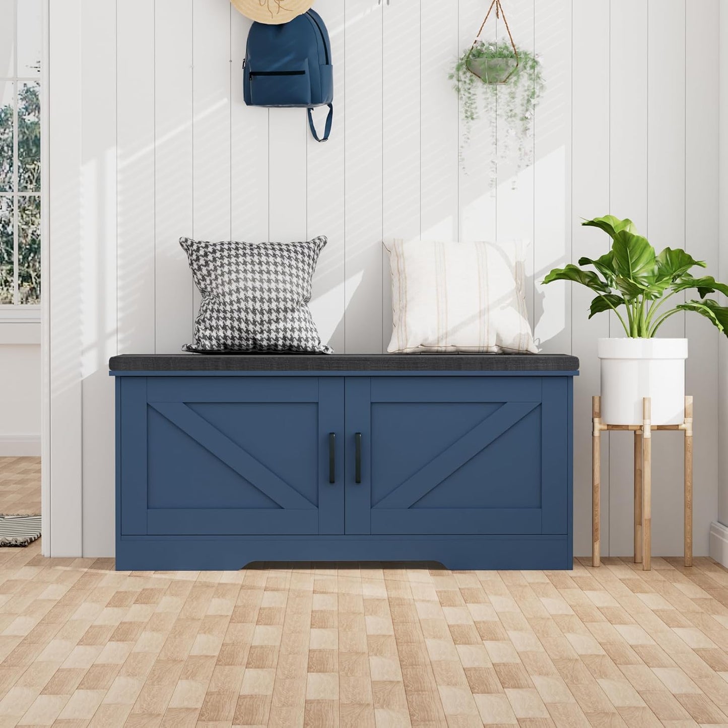 2-Tier Storage Bench, Shoe Bench with Padded Seat Cushion, Entryway Bench with 2 Barn Doors, Adjustable Shelf, 13.8" D x 39.4" W x 17.7" H, for Entryway, Living Room, Bedroom, Blue