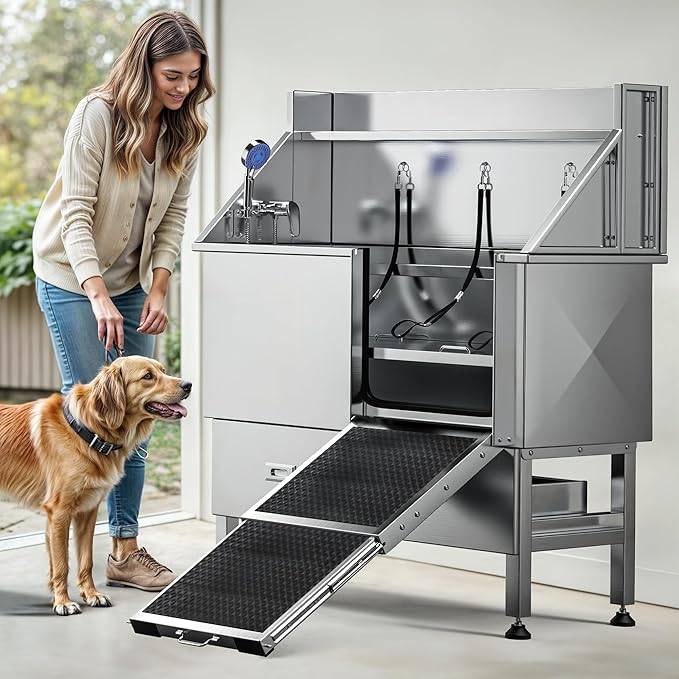 DWVO Professional Dog Bathing Station Stainless Steel 304 Dog Bathtub 50in for Grooming w/Left Door Ramp, 2 Storage Drawers, Faucet, Grate, Pet Washing Station for Large, Medium, Small Pets