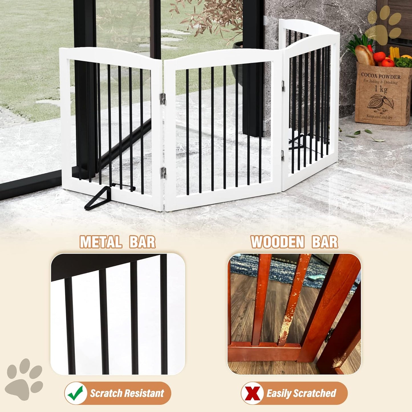 Freestanding Pet Gate for Dogs, Foldable Wooden Dog Gate for House, Indoor Dog Gate for Stair, Doorway, Gates for Dogs Indoor, 80 Inch Wide, 4 Panels 24",White