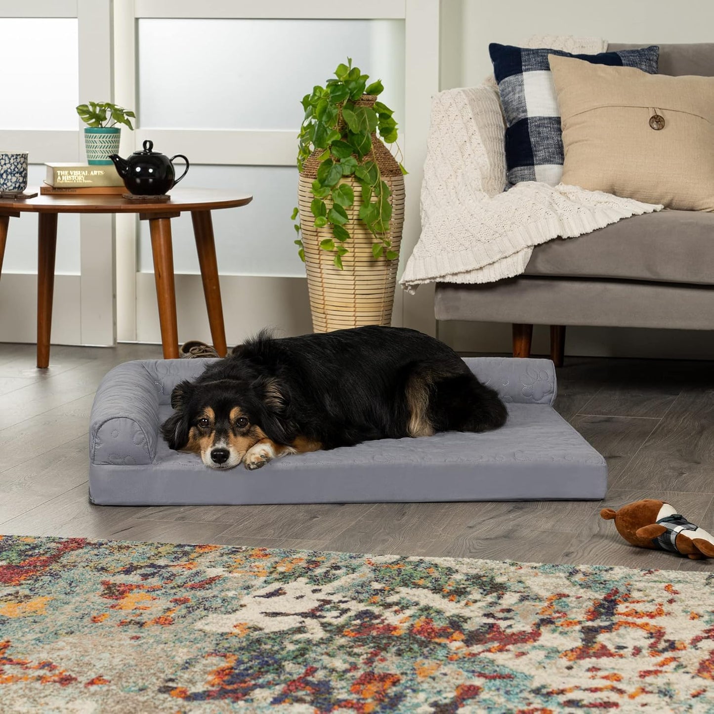 Furhaven Cooling Gel Dog Bed for Large/Medium Dogs w/ Removable Bolsters & Washable Cover, For Dogs Up to 55 lbs - Pinsonic Quilted Paw L Shaped Chaise - Titanium, Large